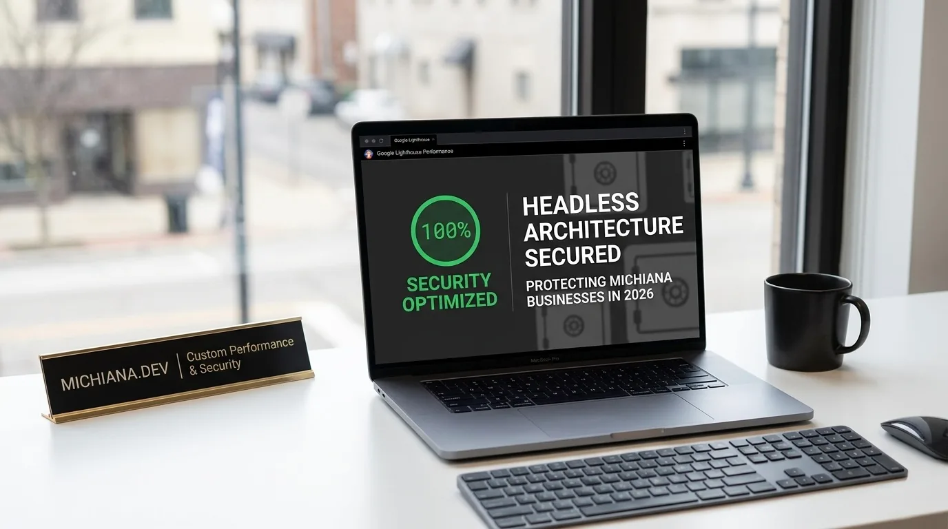A laptop screen reading "100% Security Optimized: Headless Architecture Secured — Protecting Michiana Businesses in 2026"