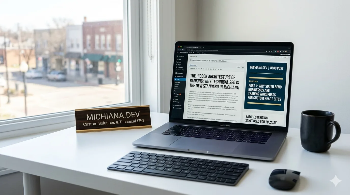 A laptop showing a draft blog post titled "The Hidden Architecture of Ranking: Why Technical SEO is the New Standard in Michiana"