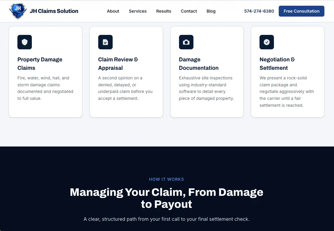JH Claims Solution - Web Development Project by Michiana.dev