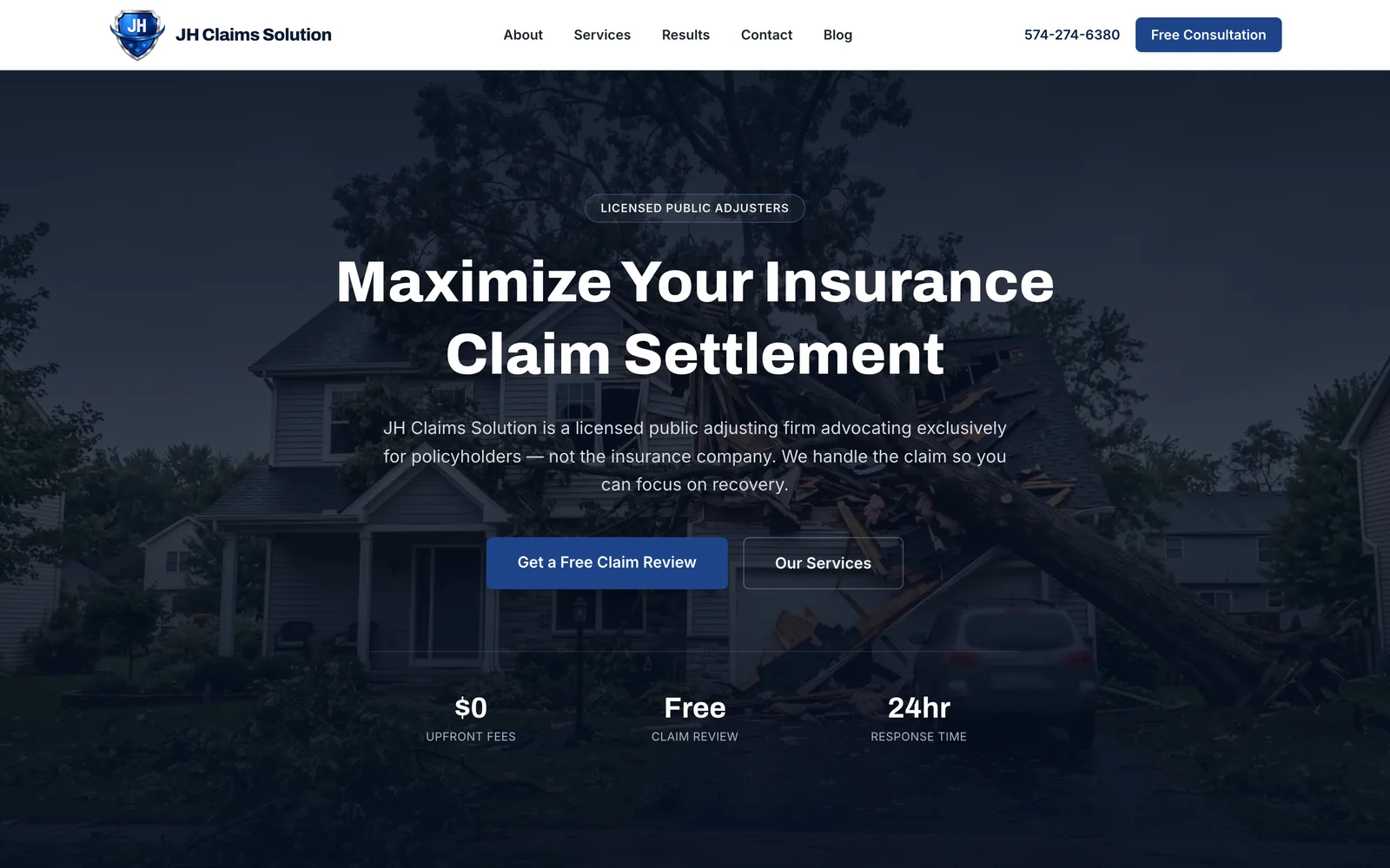 JH Claims Solution website, designed and built by Michiana Dev